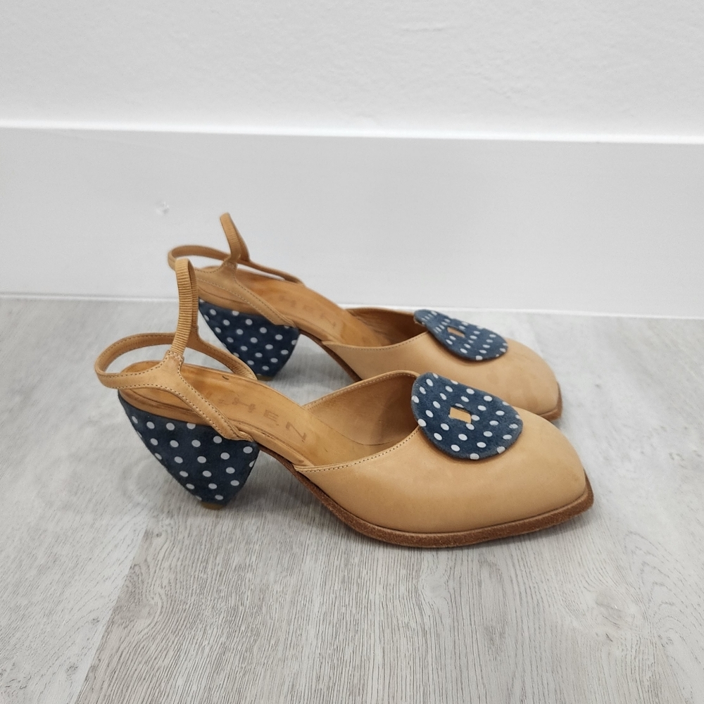 Italian Sling Back Mary Janes 70s Vintage Square Toe Tan Genuine Leather